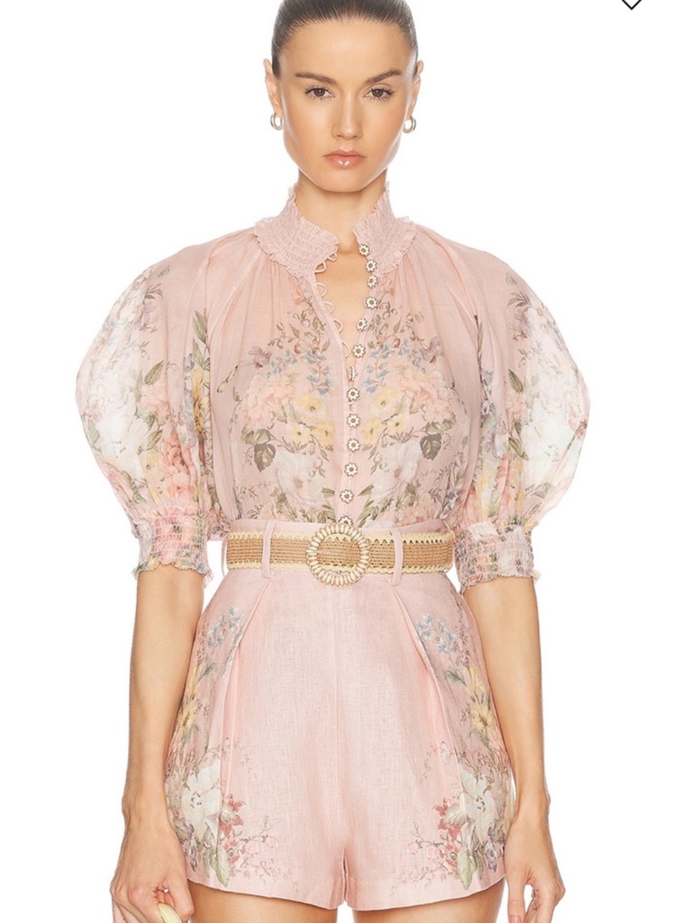 Zimmermann Dusty Pink Floral Smocked-Neck Blouse - Picture 7 of 8